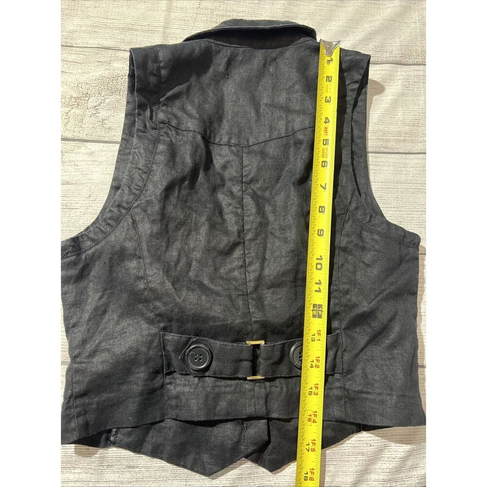 Vtg Forever 21 Y2K Deep V Vest Collared Crop Fitted Vest Black 100% Linen Sz M